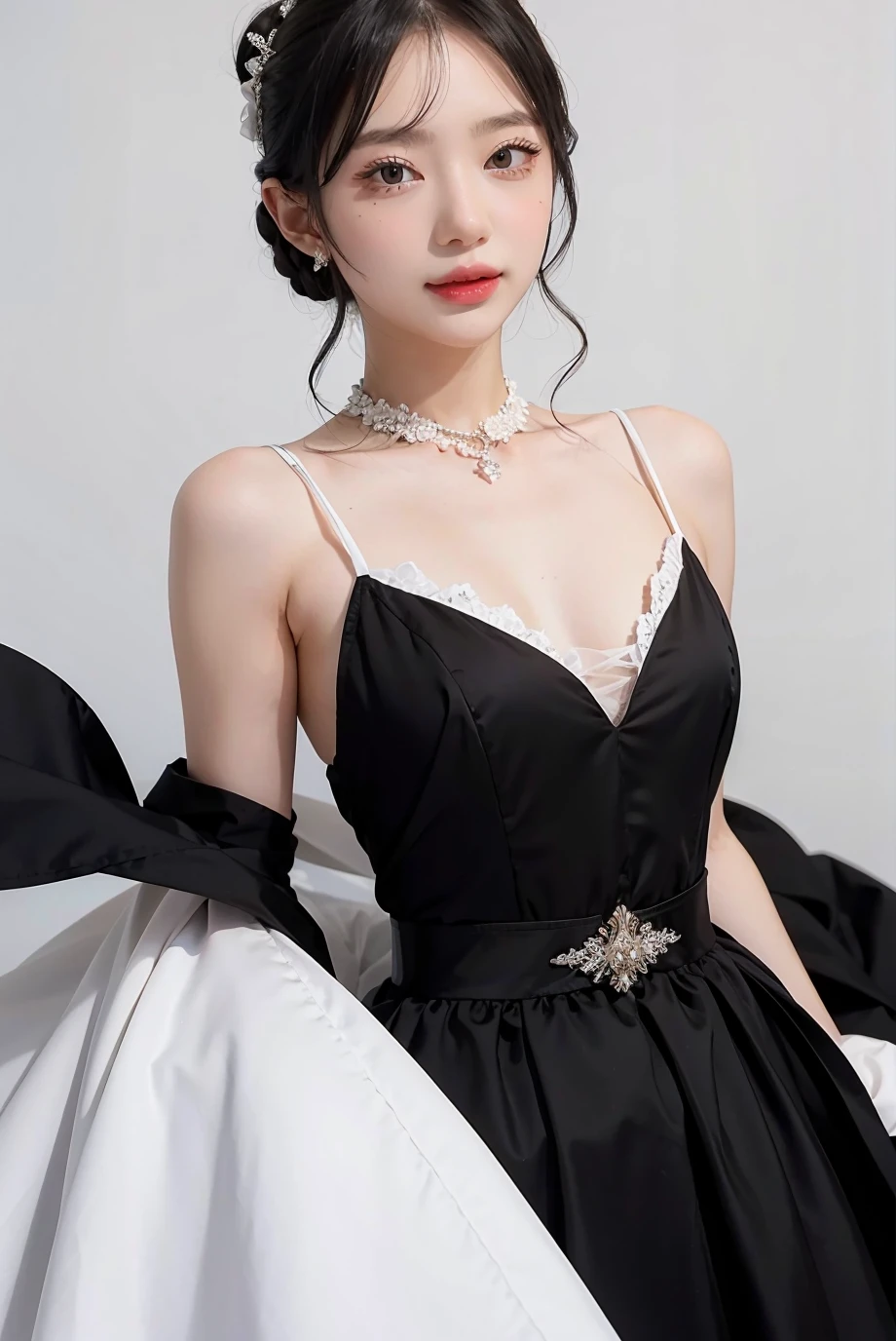 1girl, black  formal long dress,white background, <lora:jannineweigel-04:1>