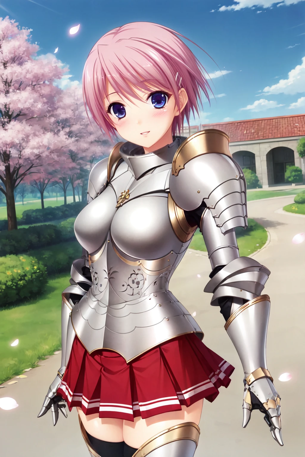 mioarm, 1girl, solo, hairclip, shoulder armor, breastplate, gauntlets, pleated skirt, armored boots, thighhighs, armor, petals, sky, day, blush, cherry blossoms, smile, parted lips, looking at viewer, cowboy shot, <lora:miowal_V3-11:0.7>