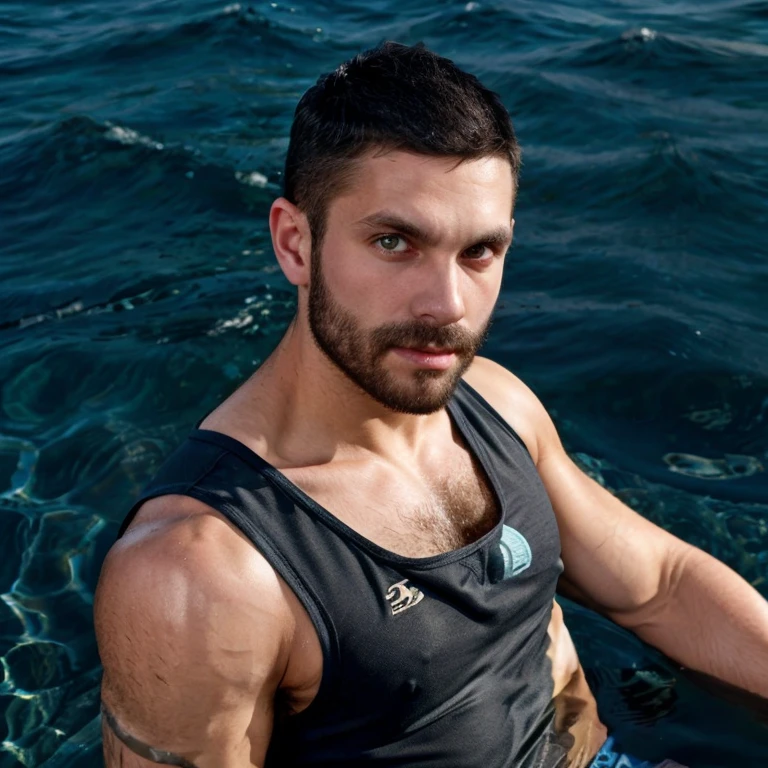 <lora:BobHager:0.8> b0bh4g3r, man, from front,  simple background, standing, crew cut,
(closeup shot:1.2), eyes, tank top,
in the sea
