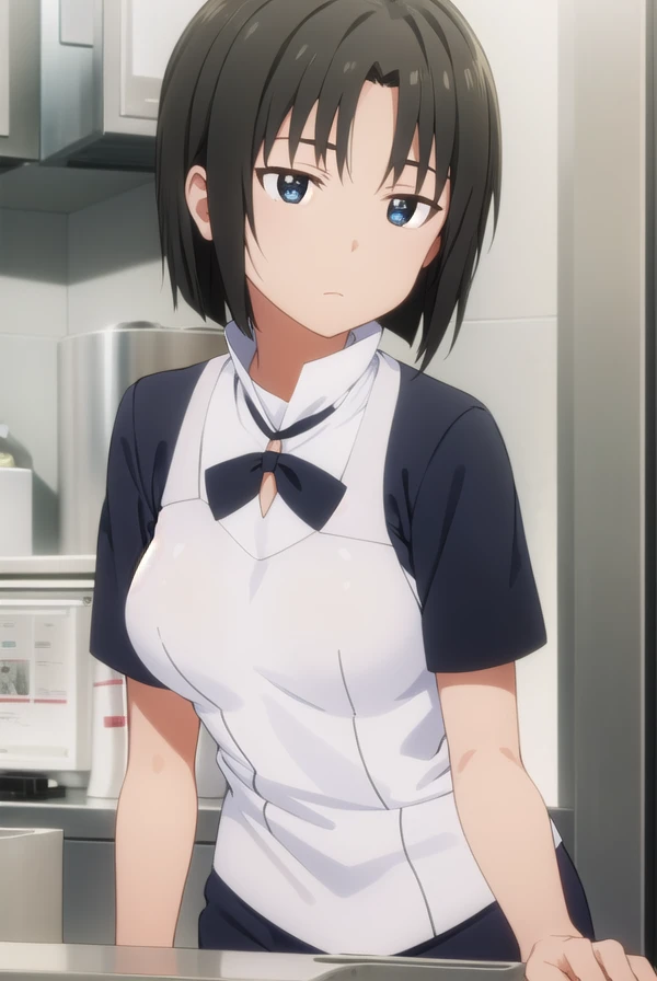 kyoukoshirafuji, <lora:kyouko shirafuji s2-lora-nochekaiser:1>,
kyouko shirafuji, short hair, black hair, (black eyes:1.5),
BREAK apron, waitress,
BREAK indoors, restaurant,
BREAK looking at viewer, (cowboy shot:1.5),
BREAK <lyco:GoodHands-beta2:1>, (masterpiece:1.2), best quality, high resolution, unity 8k wallpaper, (illustration:0.8), (beautiful detailed eyes:1.6), extremely detailed face, perfect lighting, extremely detailed CG, (perfect hands, perfect anatomy),