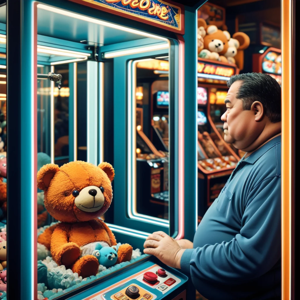 old fat man, solo, upper body, CLGM, arcade, crane game, shop, glass, looking outside, stuffed toy, from side, teddy bear, crane \(machine\) <lora:crane_game_v1:0.6>
