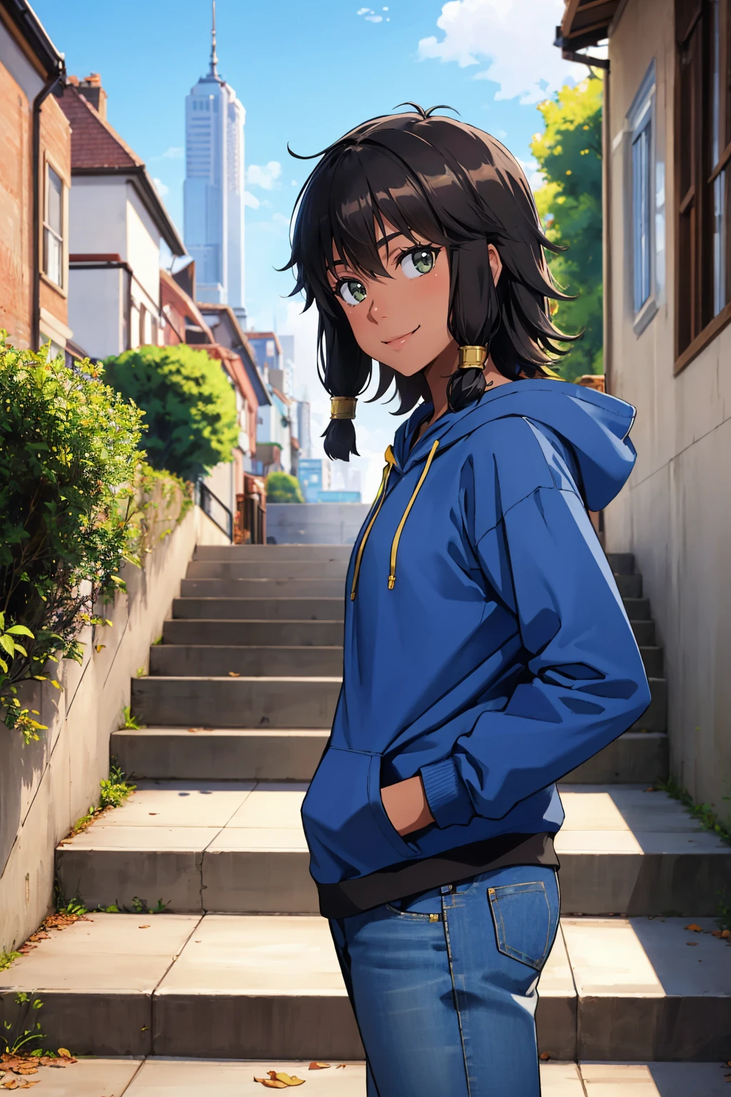 masterpiece, best quality, <lora:tiona-nvwls-v1-000009:1> tiona hiryute, dark skin, blue hoodie, jeans, stairs, cityscape, looking at viewer, blue sky, smile