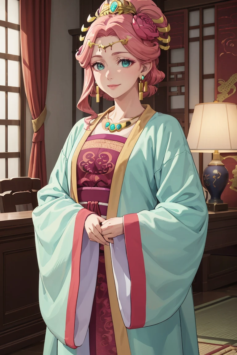 masterpiece, best quality, absurdres, Gyokuyou, aqua eyes, earrings, hair ornament, hair flower, necklace, makeup, chinese clothes, hanfu, wide sleeves, smile, indoors, standing, cowboy shot, <lora:Gyokuyou:0.8>
