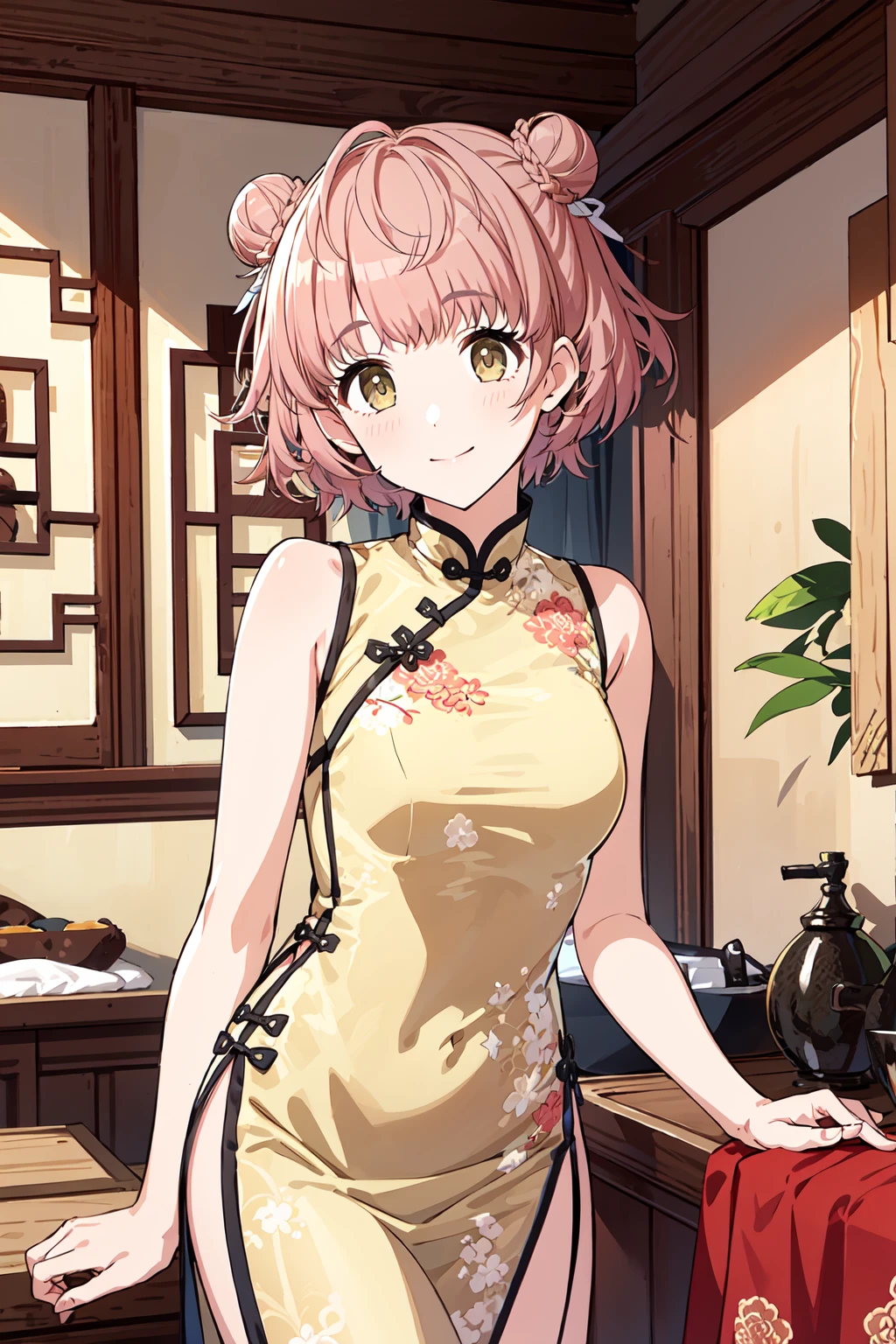 h_ikuta, 1girl, short hair, (hair double bun:1.2), pink hair, brown hair, yellow eyes, smile, looking at viewer, indoor, closed mouth, bangs, blush, cowboy shot, chinese clothes, china dress, bare shoulders <lora:h_ikuta:1.0>