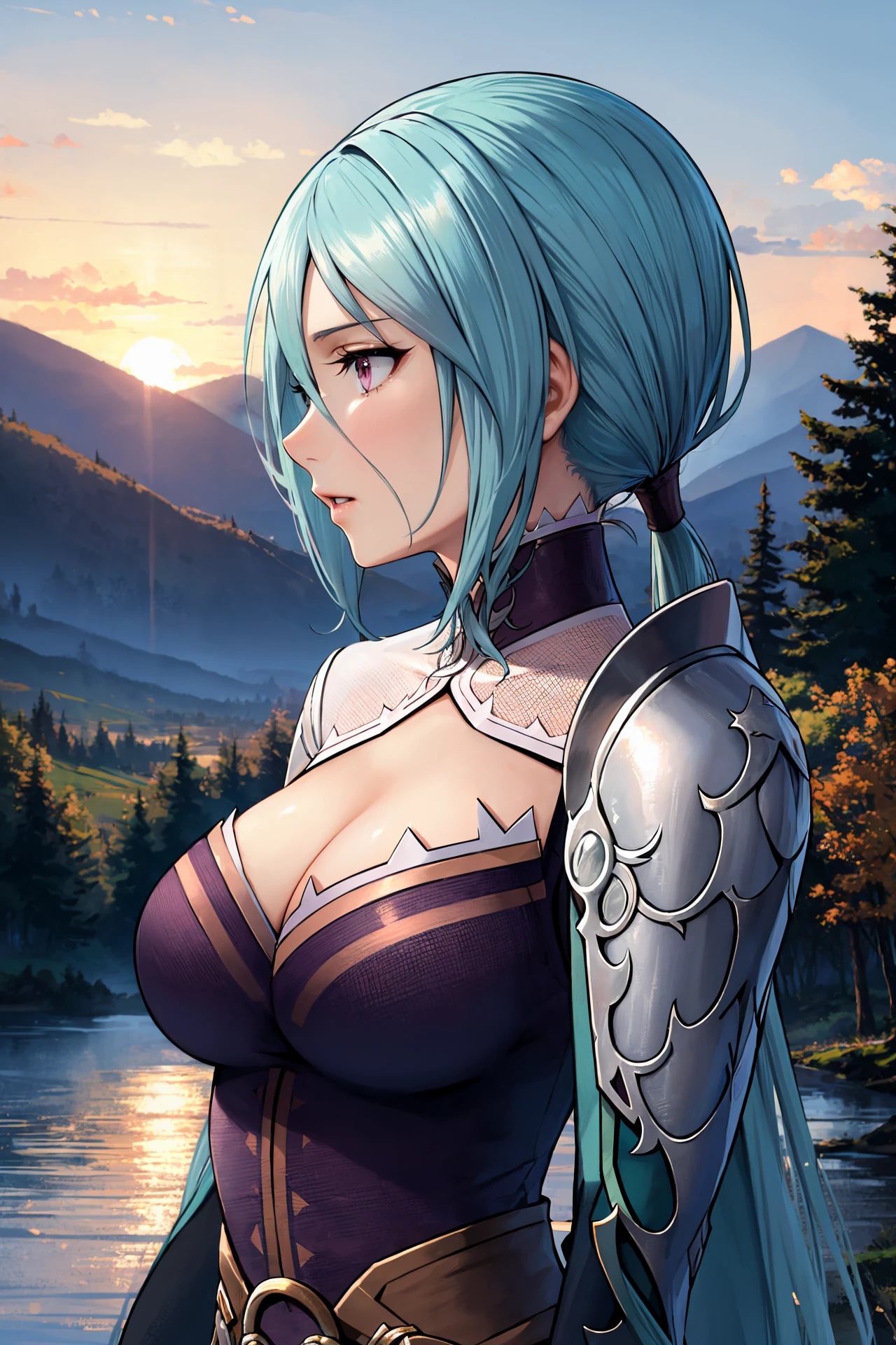 masterpiece, best quality, 1girl, solo <lora:ysfrieda-nvwls-v1-000009:0.9> ysFrieda, ponytail, long sleeves, single shoulder pad, black tunic, cleavage, belt, large breasts, profile, upper body, sky, sunset, mountains, forest, landscape, detailed face