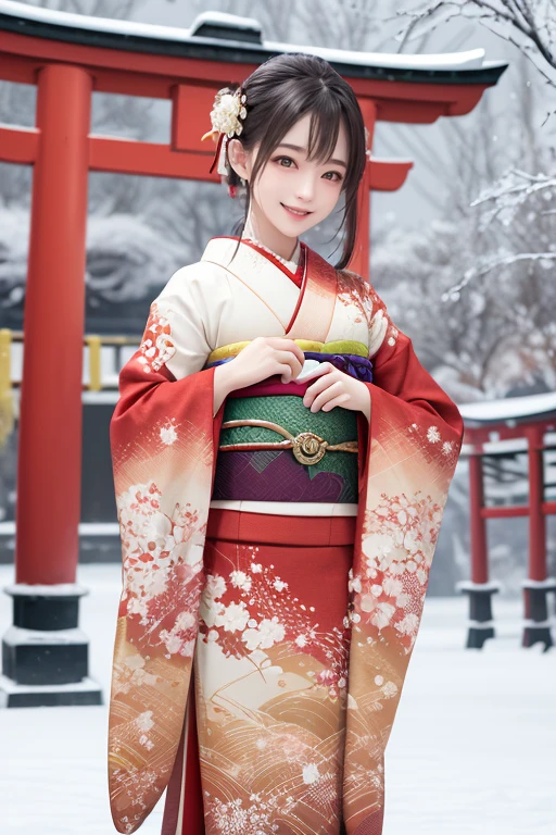 highres, ultra detailed, (best quality:1.2), very high resolution, refraction, full color, 1girl,smile,
 <lora:furisode-000016:1>furisode, winter background, torii