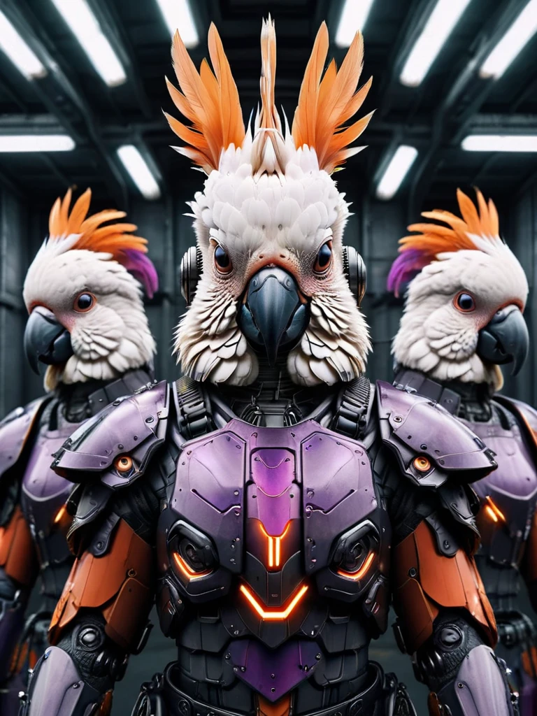 a cockatoo army in cyberpunk battle armor preparing for battle, looking at viewer <lora:ral-symetrical:1> ral-symetrical, orange and purple