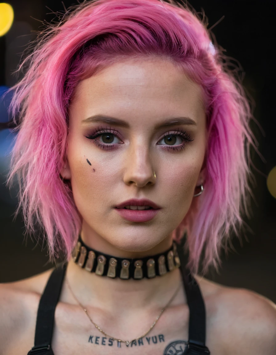 A close-up portrait of a cyberpunk girl, (pink hair:1.2), multiple facial piercings, neon-lit urban backdrop, futuristic fashion, glowing neon lights, digital enhancements, high-contrast lighting, vibrant colors, deep shadows, (intense gaze:1.1), tech-inspired makeup, cybernetic skin textures, reflective accessories, night setting, Nikon D850, 1/160s, f/1.8, ISO 400, ultra-realistic details, UHD resolution, RAW photography, edgy yet elegant,