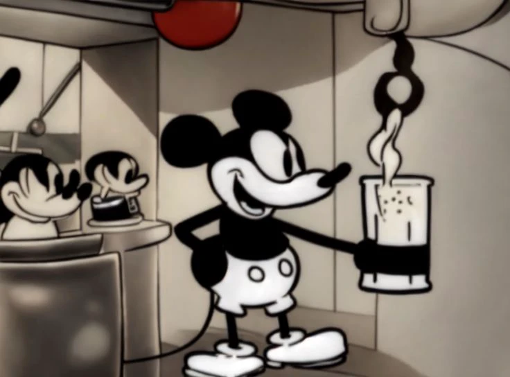 steamboat willie at a starbucks, ordering dinner. holding a mug of coffee <lora:Steamboat_Willie2-000140:0.9>