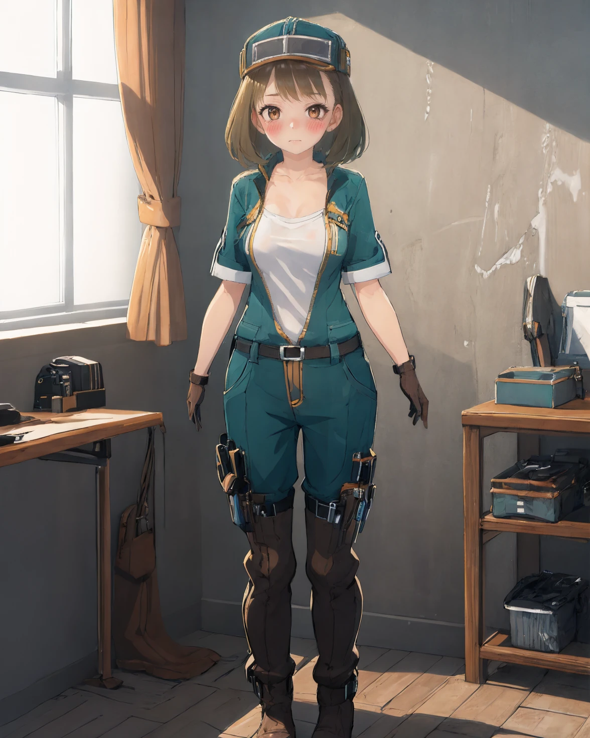 best quality, (masterpiece:1.2), illustration, absurdres, <lora:flat2:0.5>, <lora:hairdetailer:0.5>, <lora:boldline:-1.4>, <lora:clearcolor_v1.7_lbw:0.7>,
(1girl, solo, beautiful detailed girl), full body,
<lora:Rebecca:1>, Rebecca, brown hair, medium hair, brown eyes, medium breasts,
hat, jumpsuit, white shirt, gloves, boots, thigh boots,
looking at viewer, shy, blush,
inside a workshop, machinery, tools, table, window, curtains,
