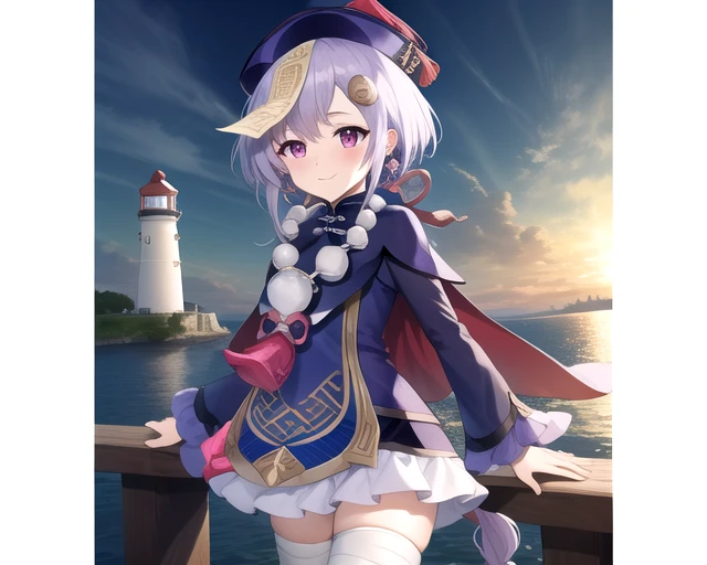 ((masterpiece)),(best quality),official art,extremely detailed CG,unity 8k wallpaper,ultra detailed,A lighthouse on a cliff by the sea,1girl,solo,cowboy shot,looking at viewer,petite,aged down,jewelry,hat,purple_eyes,bead_necklace,purple_hair,qing_guanmao,jiangshi,ofuda,long_hair,bangs,long_sleeves,single_braid,smile,bandaged_leg,sidelocks,cape,coin_hair_ornament,hair_between_eyes,blush,wide_sleeves,hair_ornament,low_ponytail,white_thighhighs,earrings,chinese_clothes,zettai_ryouiki,<lora:Qiqi(gen)>,