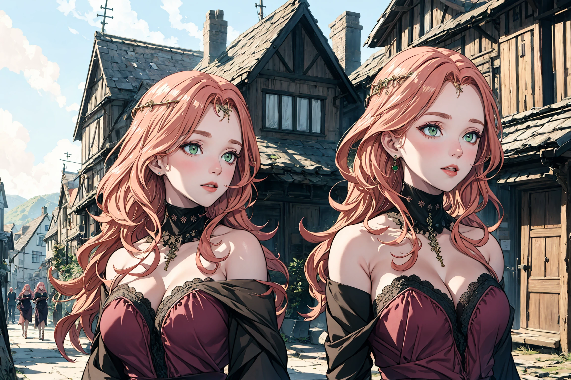 medieval, village, market, 1girl, solo,
BREAK
EPefCornelia, <lora:EPefCornelia-000007:1>, green_eyes,
BREAK
dress, cleavage, bare_shoulders, jewelry, circlet,
BREAK
(masterpiece:1.5), illustration, 4k, 8k, natural lighting
