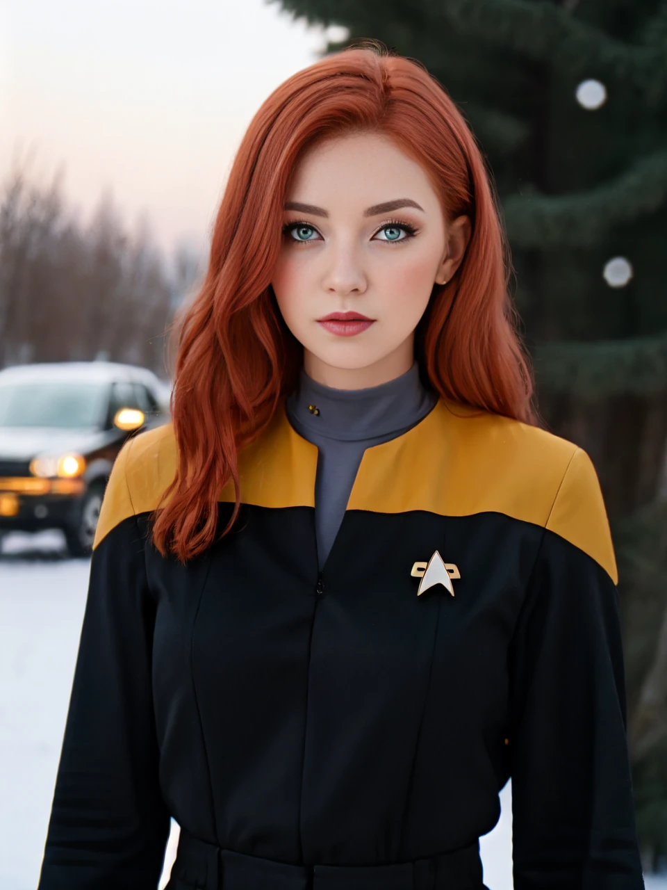 Young Woman wearing voyunf yellow and black uniform,black pants,black sleeves, winter scene bokeh, blush, redhead ginger, green eyes 8k hdr<lora:Voy6batchDebiasGold:0.8>