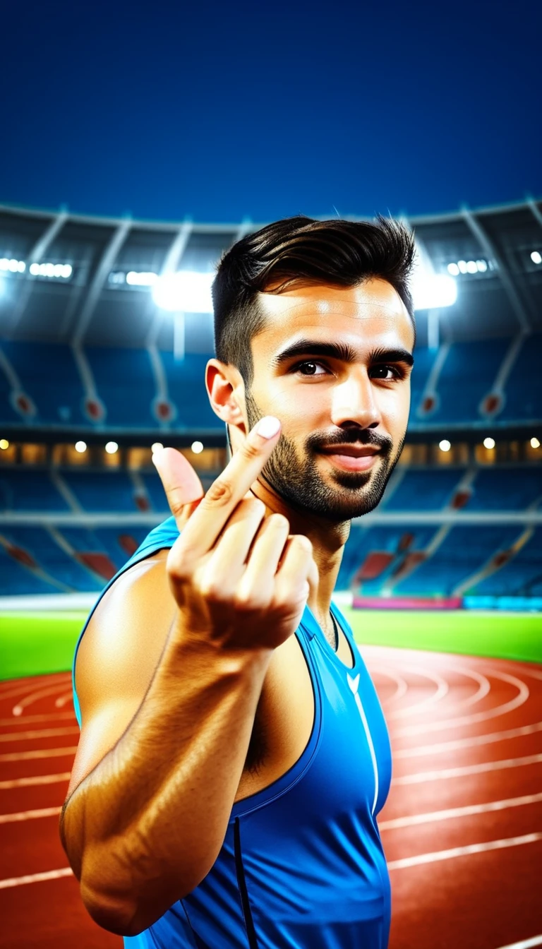lovehandgesture, portrait of male athlete, at the stadium