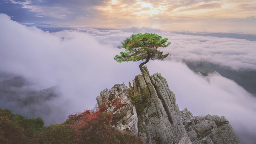 landscape of a tree on top of a mountain with clouds in the background