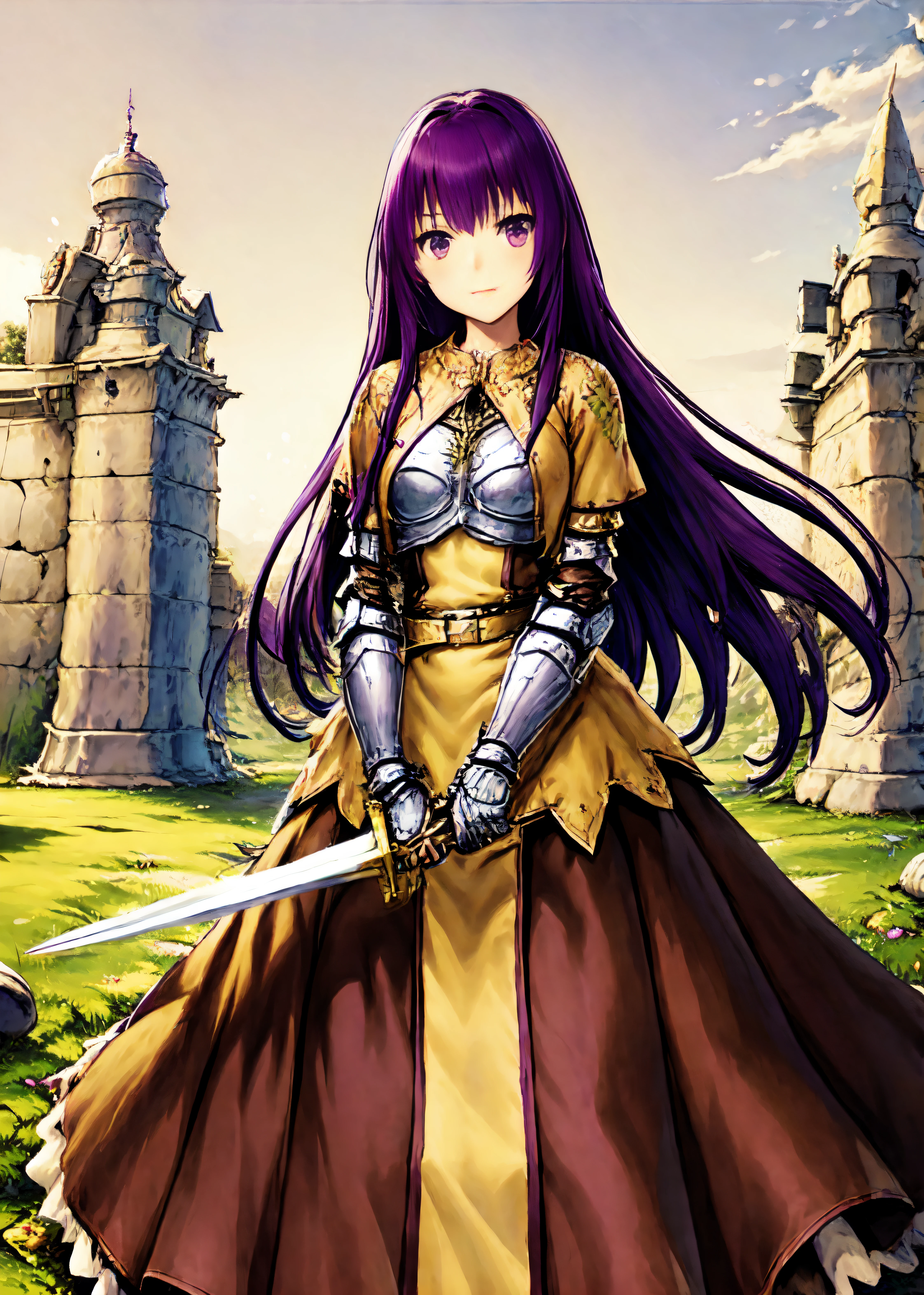 swdro, armor, yellow skirt, brown dress, flora print, rose print, armored dress, boots,
looking at viewer, 1girl,
long hair, purple eyes, purple hair,
standing, holding sword, holding weapon,
town, capital, sky, stone floor, castle, fountain background, garden, outdoor,
<lora:swordsmanRO_V2.18:0.75>,