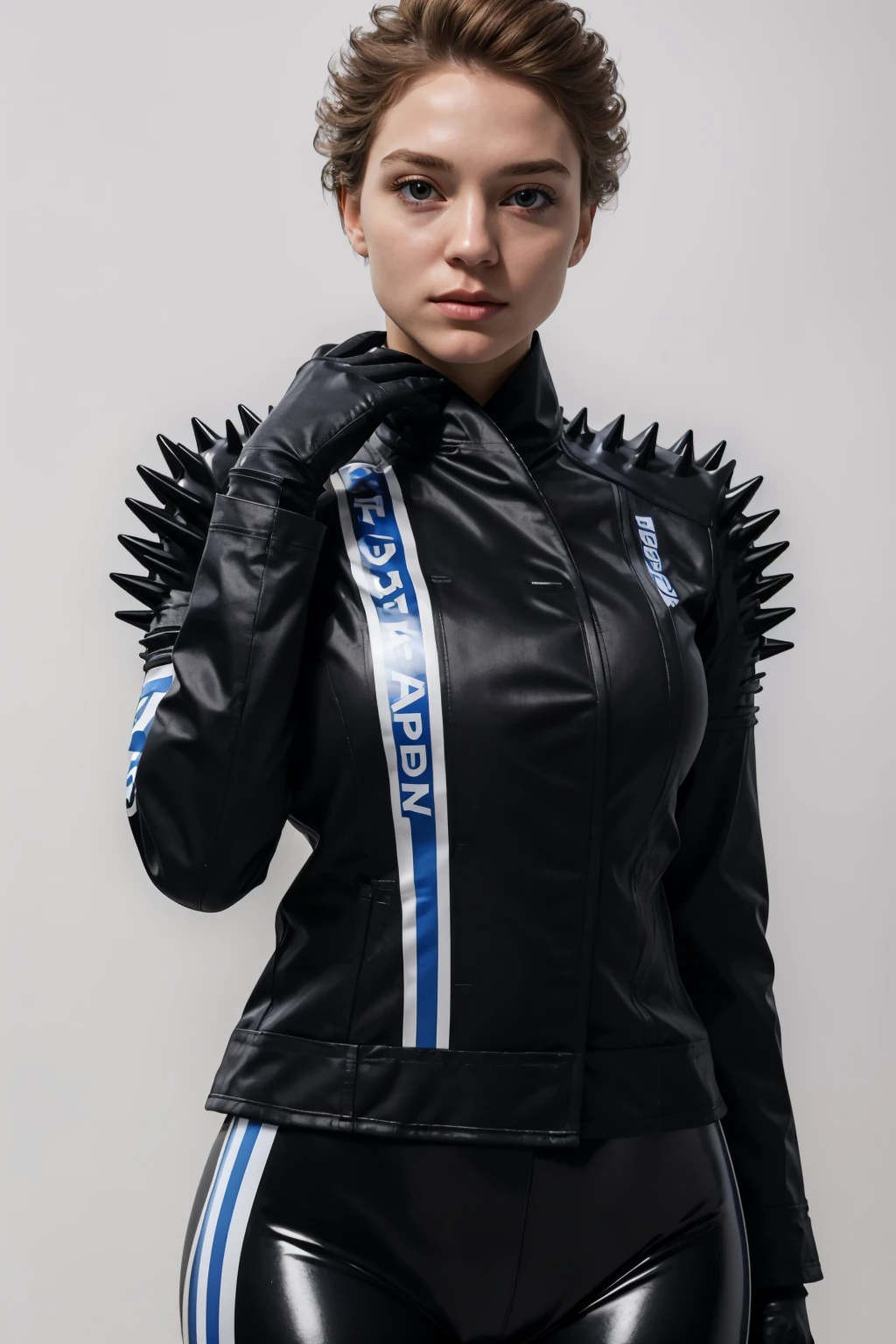 (masterpiece, best quality:1.2), <lora:fragileds:1>, fragileds, 1girl, solo, looking at viewer, breasts, gloves, bodysuit, jacket, white background, simple background, shoulder spikes,