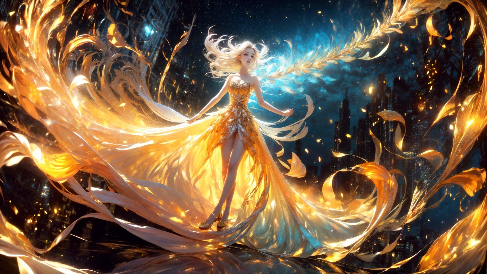 ((masterpiece))), (((best quality))), ((extremely delicate and beautiful))(City, street:1.4) Dynamic Angle, Perspective, High Point,pov
(wide shot, wide-angle lens,Panoramic:1.2),super vista, super wide AngleLow Angle shooting, super wide lens,
glowwave1girlsolo(white hair:1.3)see throughnightskystarsparkle
bare shouldersstrapless dressfull body (Gold Transparent dress:1.4), (Detailed clothes description),
jewelrybraceletglowingnecklace(reflection:1.3) (Milky skin:1.2), (shiny skin:1.4)
A shot with tension(sky glows red,Visual impact,giving the poster a dynamic and visually striking appearance:1.2),,impactful picture,
stockings,high_heels, <lora:~Q?-mAQI glowwave:0.8>