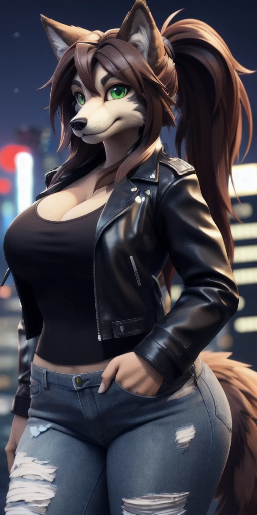 ((masterpiece, best quality:1.4)), bokeh, fluffy, 3d,
furry female, solo, looking at viewer, anthro,
wolf, furry wolf, brown hair, long hair, ponytail, light brown fur, green eyes, large breasts, wide hips, leather jacket, torn jeans, open jacket, long tail,
tokyo \(city\), city, city lights, night,