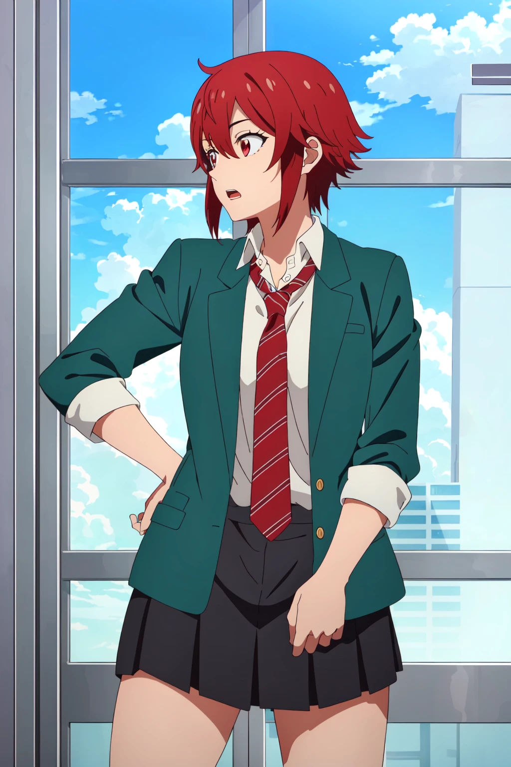 ((best quality)),((highly detailed)),masterpiece,absurdres,detailed face,beautiful face,(detailed eyes, deep eyes),1girl,((dynamic pose)), <lora:TomoV1:0.5>, Tomo, red hair, red eyes, solo, skirt, school uniform, necktie, short hair, jacket, shirt, blazer, sleeves rolled up, pleated skirt, white shirt, green jacket, hair between eyes, red necktie, window, striped necktie, striped, open clothes, cloud, cowboy shot, collared shirt, indoors, dress shirt, open jacket, shorts, sky, bangs, standing, looking away, loose necktie, long sleeves, looking to the side, open mouth