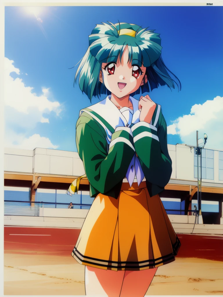 <lora:sakura_kaedeko:1>, sakurakaedeko, 1girl, solo, red eyes, green hair, 1990s (style), school uniform, short hair, skirt, Yellow_hairband, cowboy Shot, open mouth, loafers, blue_sky, happy,
masterpiece, high quality, very_high_resolution, large_filesize, full color,