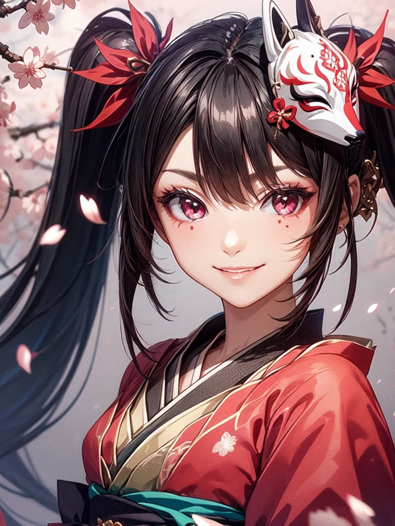 sparkle, hanabi, kitsune mask, red eyes, black twintails, close shot, looking at viewer, smirk, japanese background, sakura petals
