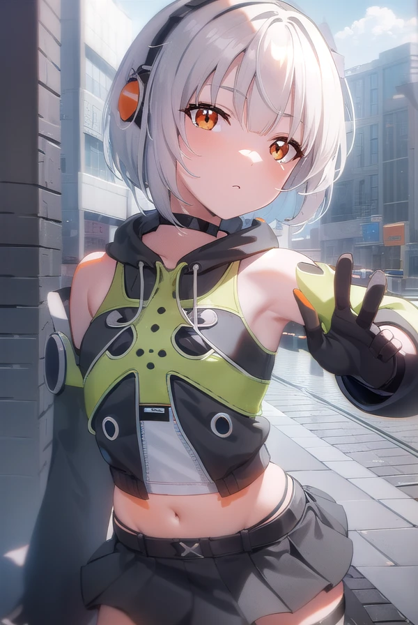 anbydemara, <lora:anby demara-lora-nochekaiser:1>,
anby demara, (orange eyes:1.5), short hair, white hair,
BREAK bare shoulders, black gloves, black skirt, black thighhighs, fingerless gloves, gloves, green jacket, headphones, jacket, navel, skirt, stomach, thighhighs,
BREAK outdoors, city, sky, clouds, sun, buildings, crowd, people, alley,
BREAK looking at viewer, (cowboy shot:1.5),
BREAK <lyco:GoodHands-beta2:1>, (masterpiece:1.2), best quality, high resolution, unity 8k wallpaper, (illustration:0.8), (beautiful detailed eyes:1.6), extremely detailed face, perfect lighting, extremely detailed CG, (perfect hands, perfect anatomy),
