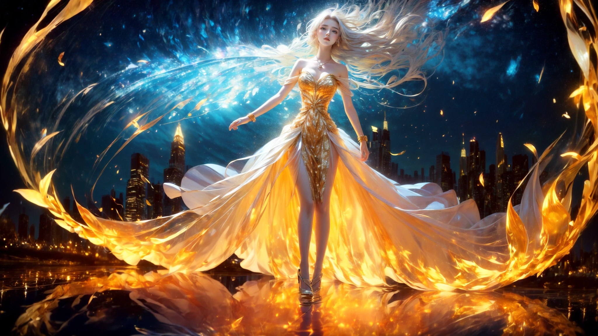 ((masterpiece))), (((best quality))), ((extremely delicate and beautiful))(City:1.4) Dynamic Angle, Perspective, High Point,pov
(wide shot, wide-angle lens,Panoramic:1.2),super vista, super wide AngleLow Angle shooting, super wide lens,
glowwave1girlsolo(white hair:1.3)see throughnightskystarsparkle
bare shouldersstrapless dressfull body (Gold Transparent dress:1.4), (Detailed clothes description),
jewelrybraceletglowingnecklace(reflection:1.3) (Milky skin:1.2), (shiny skin:1.4)
A shot with tension(sky glows red,Visual impact,giving the poster a dynamic and visually striking appearance:1.2),,impactful picture,
stockings,high_heels, <lora:~Q?-mAQI glowwave:0.8>