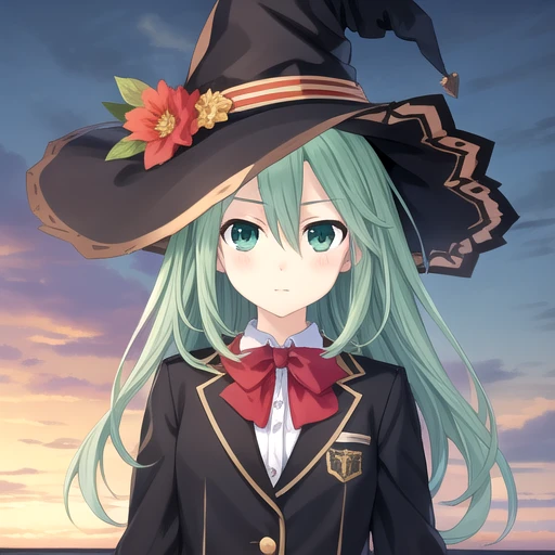 ((masterpiece)),(best quality),official art,extremely detailed CG,unity 8k wallpaper,ultra detailed,A lighthouse on a cliff by the sea,1girl,solo,upper body,(portrait:1.2),looking at viewer,natsumi (date a live),witch hat,messy long hair,green hair,green eyes,bangs,blush,hair between eyes,floating hair,black thighhighs,black jacket,white shirt,pleated skirt,school uniform,zettai ryouiki,loafers,<lora:Natsumi(dal)>,<lora:TSNeptunia-000045:0.5>,