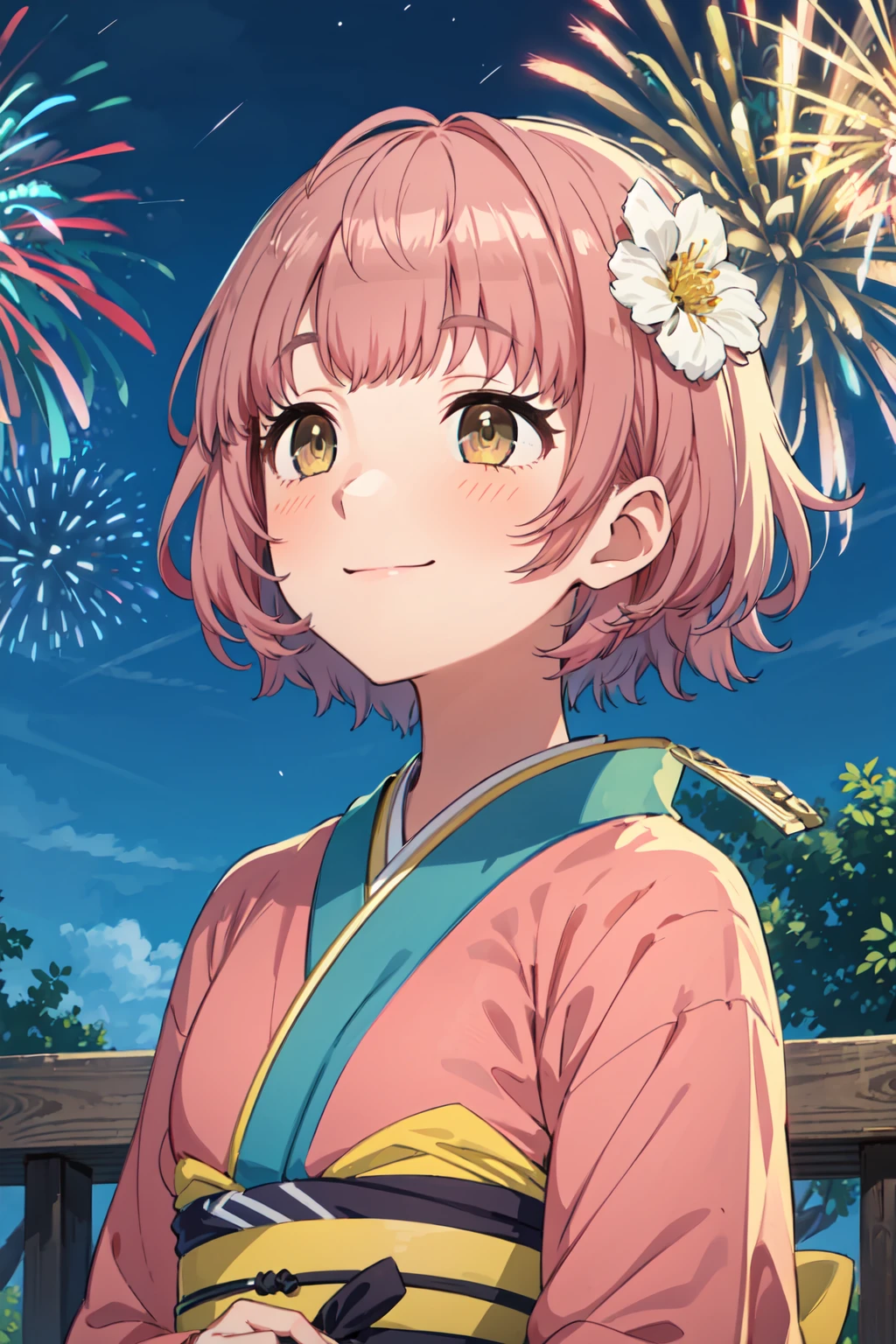 h_ikuta, 1girl, short hair, pink hair, brown hair, yellow eyes, blush, smile, virtual youtuber, night, outdoor, looking up, indoor, closed mouth, bangs, blush, upper body, japanese clothes, kimono, obi, short sidetail, hair ornament, flower ornament, aerial fireworks, fireworks <lora:h_ikuta:1.0>