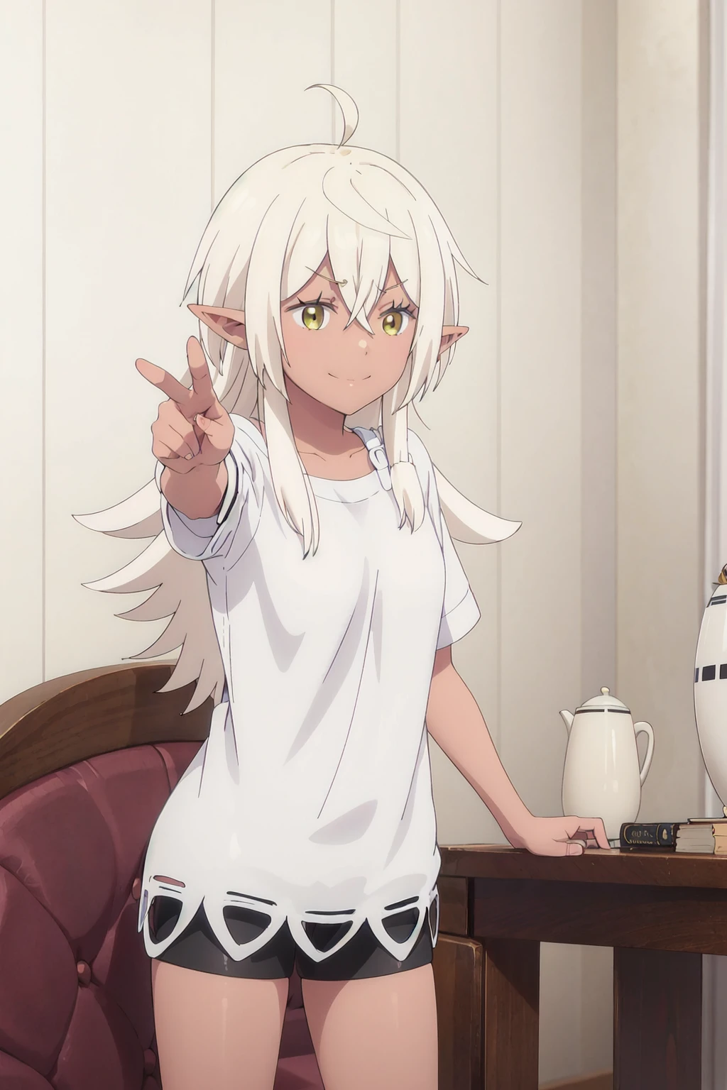 <lora:ikenaiDorothea:1>,ikenaidorotea,1girl,solo,pointy_ears,shorts,shirt,smirk,