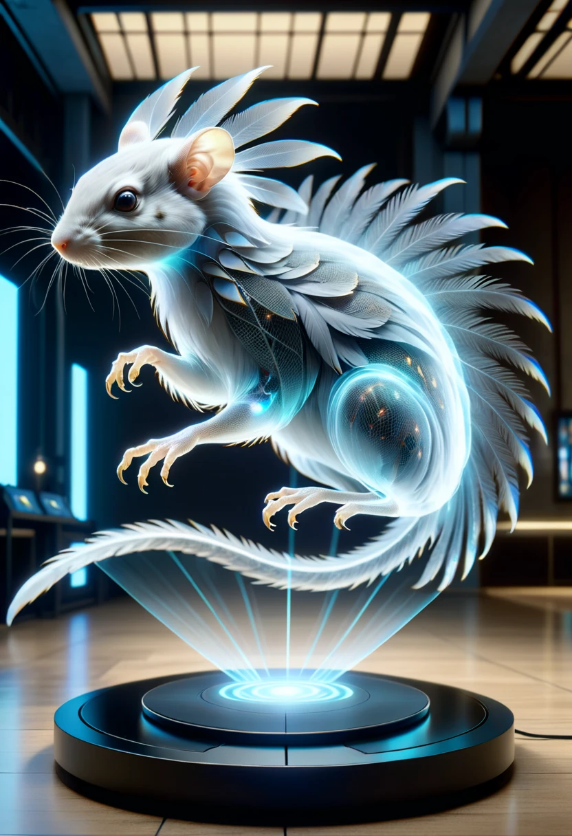 hyper detailed masterpiece, dynamic, awesome quality,hyperrealism,massive ethereal webbed bohemian rodent creature, tripedal single-armed, feathered appendages, single-tailed, spiked-tailed, slick skin, , on a DonMH010D15pl4yXL holographic display <lora:DonMH010D15pl4yXL-000008:1>