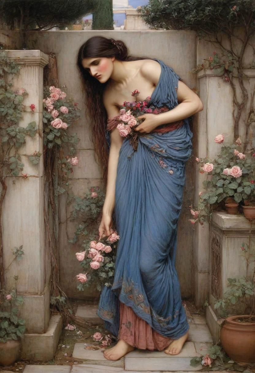 Painting by waterhouse of ancient greek woman coverd in roses and flowers