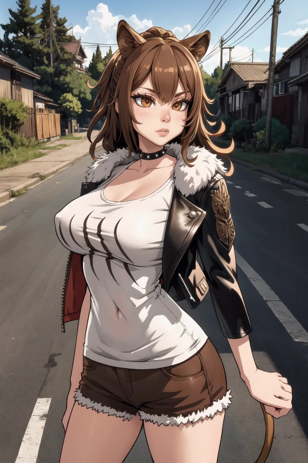 1girl, (solo:1.2), (cowboy shot:1.2)
<lora:Arknights - Siege [novowels - v1.0]:0.9> arkSiege, fur trim, red short shorts, white tank top, black leather jacket, studded choker, long hair, (brown hair:1.2), brown eyes, lion ears, lion tail, (large breasts), curvy
BREAK <lora:Asanagi [MockAi - v1.0]:0.85> asanagi, (anime aesthetic:1.2), matching eyelashes, detailed eyes
BREAK intricate details, (masterpiece:1.3), (best quality:1.3), (perfect anatomy:1.4) BREAK, (rural street:1.2), trees, japanese countryside, Utility pole,