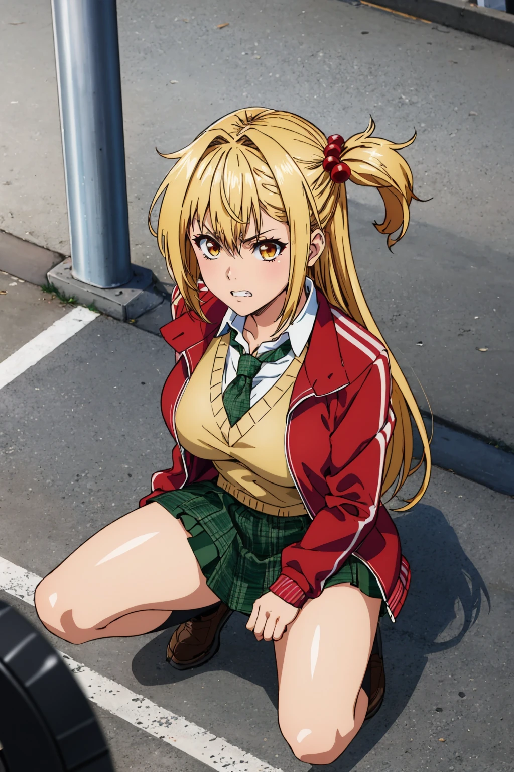 masterpiece, best quality, 1girl, solo <lora:amagakeyuri-nvwls-v1-000010:0.9> amagake yuri, hair ornament, red jacket, yellow sweater vest, green necktie, green skirt, large breasts, squatting, from above, city street, looking at viewer, furrowed brow, clenched teeth