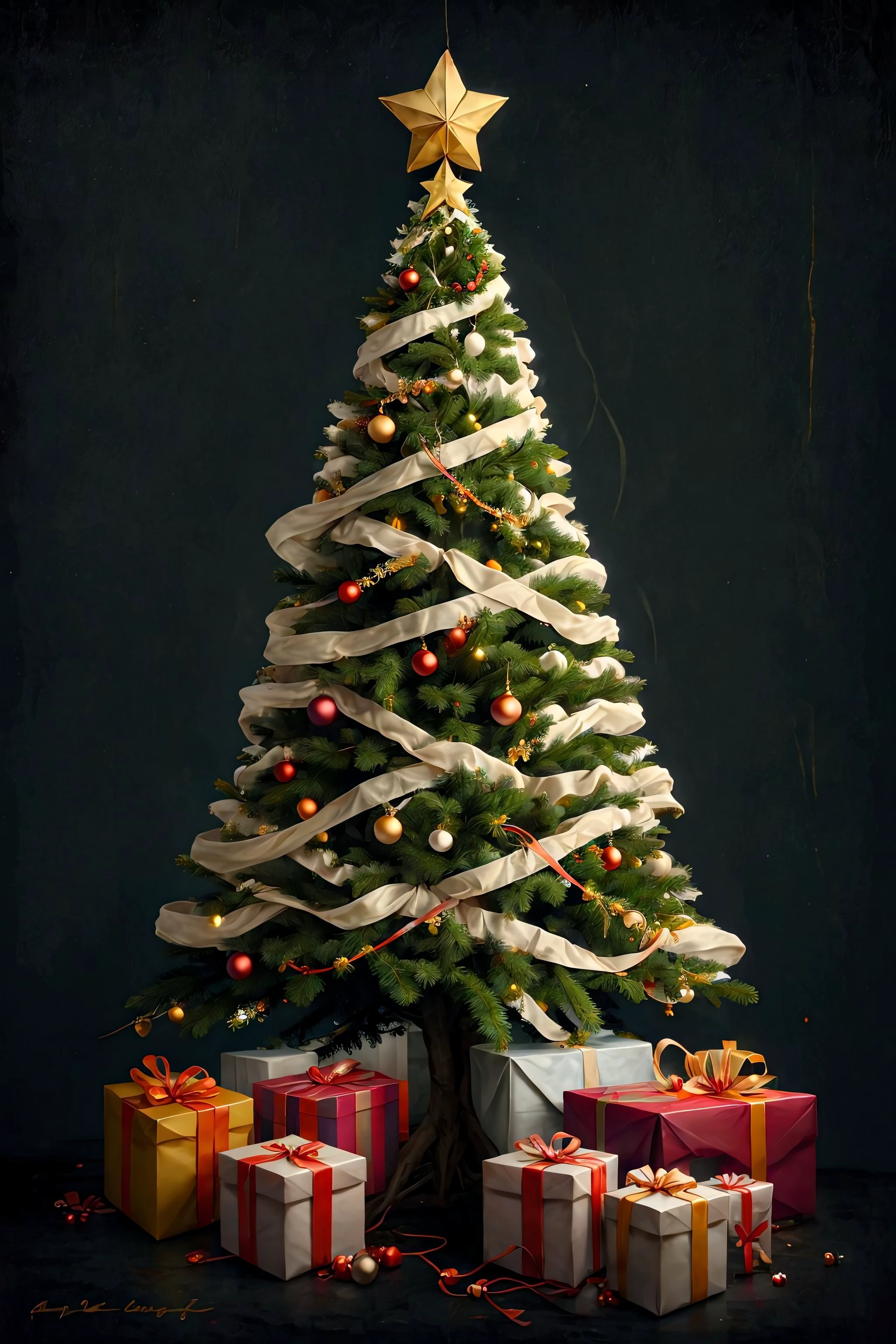 a green Christmas tree, black background, (no humans:1.9), <lora:SwathJourney:1.0>
