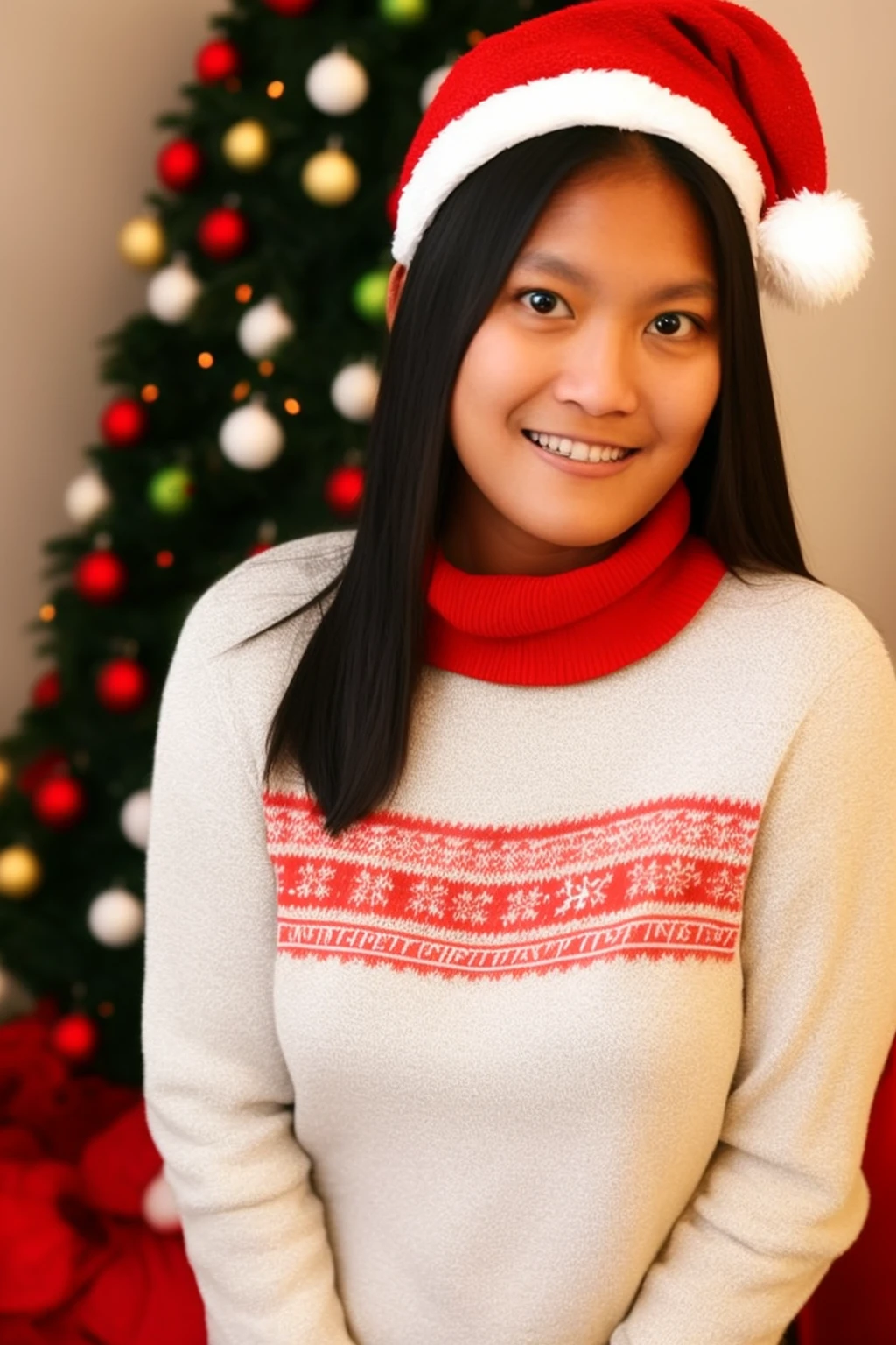 <lora:KatYoung:1> portrait of katyoung in red christmas sweater, turtleneck, christmas theme, christmas tree, snowflakes, warm lighting