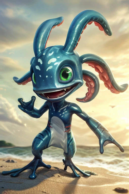 (((masterpiece, best quality))), digital painting, 8k, stunningly beautiful, highly detailed, depth of field, complex background, BREAK fizz_lol, solo, full body, tentacle_hair, open mouth, gills, webbed feet, webbed fingers, BREAK smooth skin, standing, beach, sunset <lora:Fizzv5-step00004500:0.8> <lora:more_details:0.5>