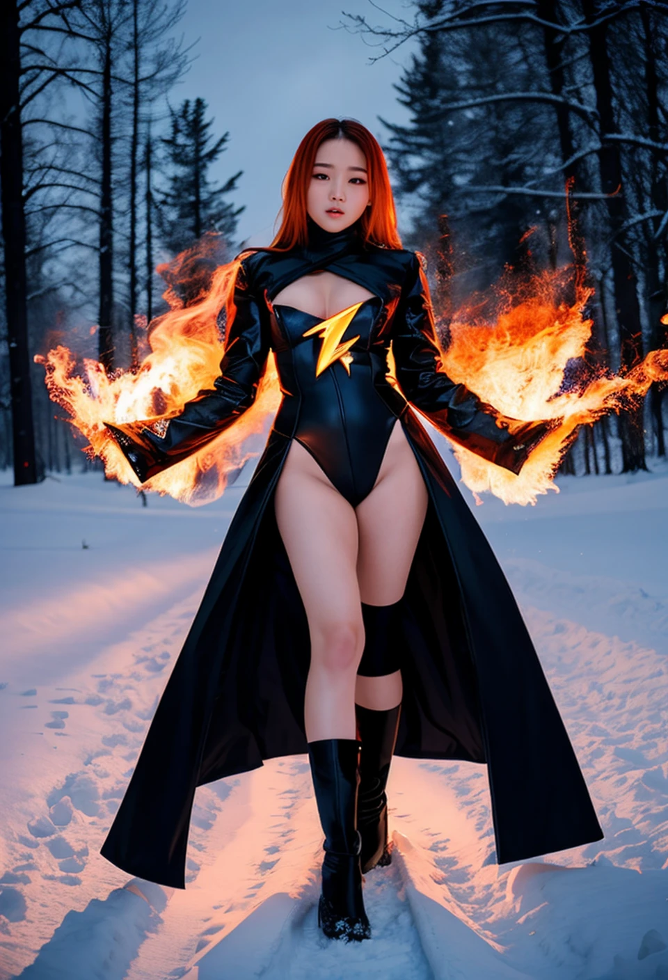 kpop idol,film grain,cinematic film still,Photo of a 20-year-old mysterious female magician with her hands burning in flames,,r/nsfwcosplay,Wearing a sexy cosplay outfit,fantasy,Hands around (lightning), lightning around body,snow covers the clothes,Snow covers the floor,snow