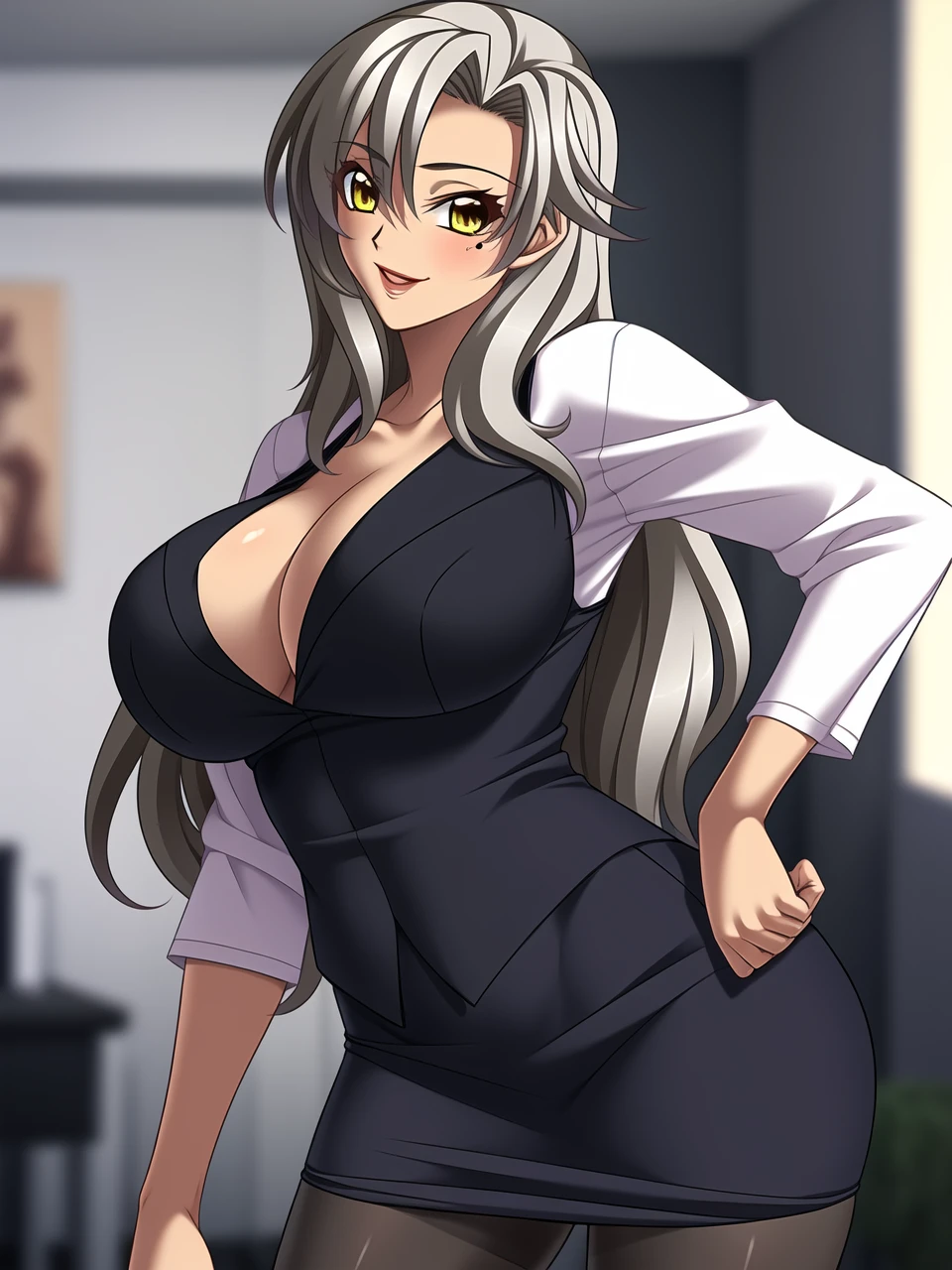 <lora:Mizusawa_Chisato_lora:0.7>, (mole_under_eye:0.8), long hair, yellow eyes, grey hair,
best quality, ultra high res, (masterpiece:1.2), best quality, game cg, highly_detailed,extremely_detailed_CG_unity_8k_wallpaper,illustration,highres,absurdres,
1girl, (portrait:1.3), (mature female), (milf), classroom,
Beautiful long legs,Beautiful body,Beautiful Nose,Beautiful character design, perfect eyes, perfect face,
(black pantyhose:1.2), (lipstick:0.8), suit, formal, large_breasts, pencil skirt,
looking at viewer, standing, smile,