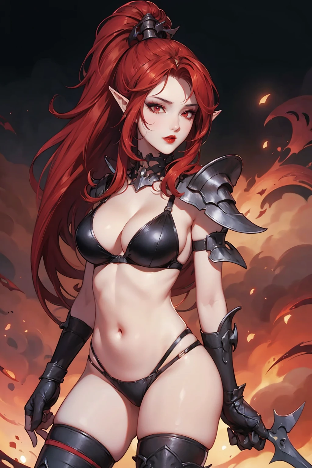 (high quality, best quality),
1girl, perfect face,
LelithHesperax, red hair, long hair, ponytail, hair ornament, pointy ears, makeup, black eyeshadow, red eyes, red lips, black bra, panties, gloves, thighhighs, pauldron,
 <lora:Lelith_Hesperax__Warhammer_40k-000010:0.8>