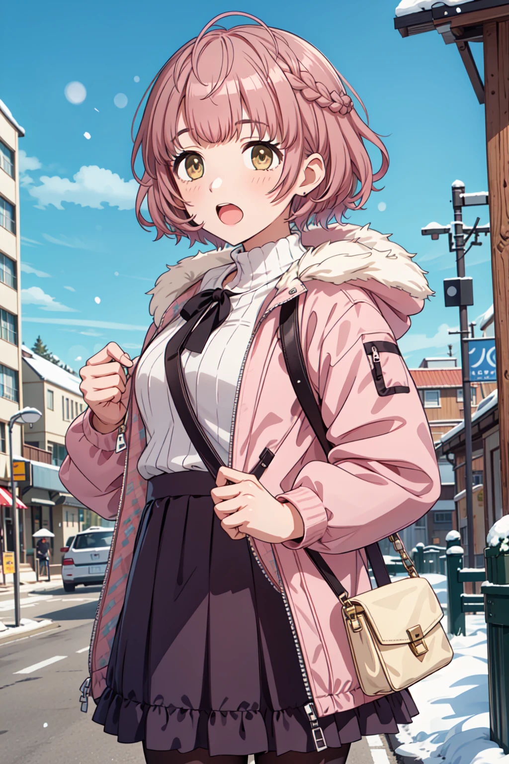 h_ikuta, 1girl, short hair, pink hair, brown hair, yellow eyes, braid, virtual youtuber, looking at viewer, outdoor, winter, open mouth, frilled skirt, bangs, down jacket, fur, blush, cowboy shot, bag, holding bag <lora:h_ikuta:1.0>