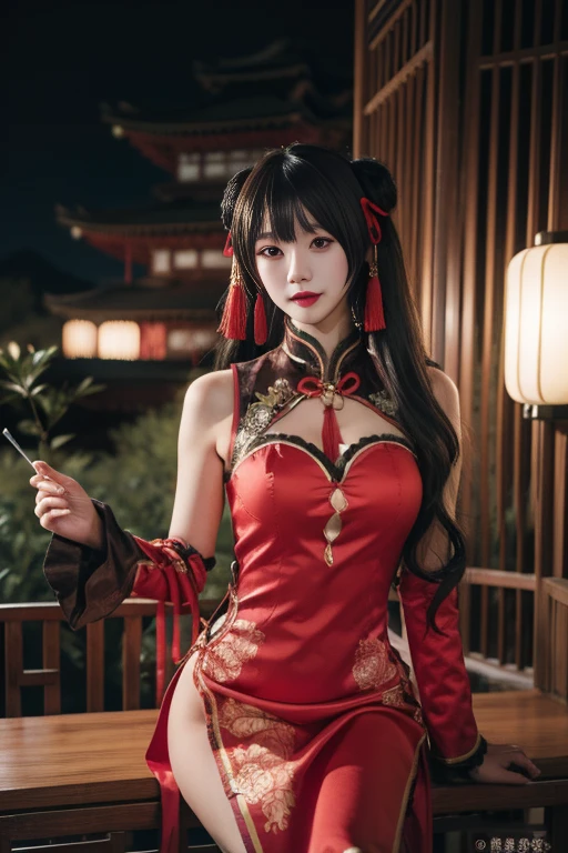 ltra-detailed,highly detailed,best quality,masterpiece,illustration,realistic,photorealistic,
tokisaki kurumi,qipao,
1girl, solo, cosplay,
looking at viewer, cowboy shot, sitting,
outdoors, night, bamboo, east asian architecture, courtyard,
<lora:tokisaki kurumi qipao_v7_03:0.7>