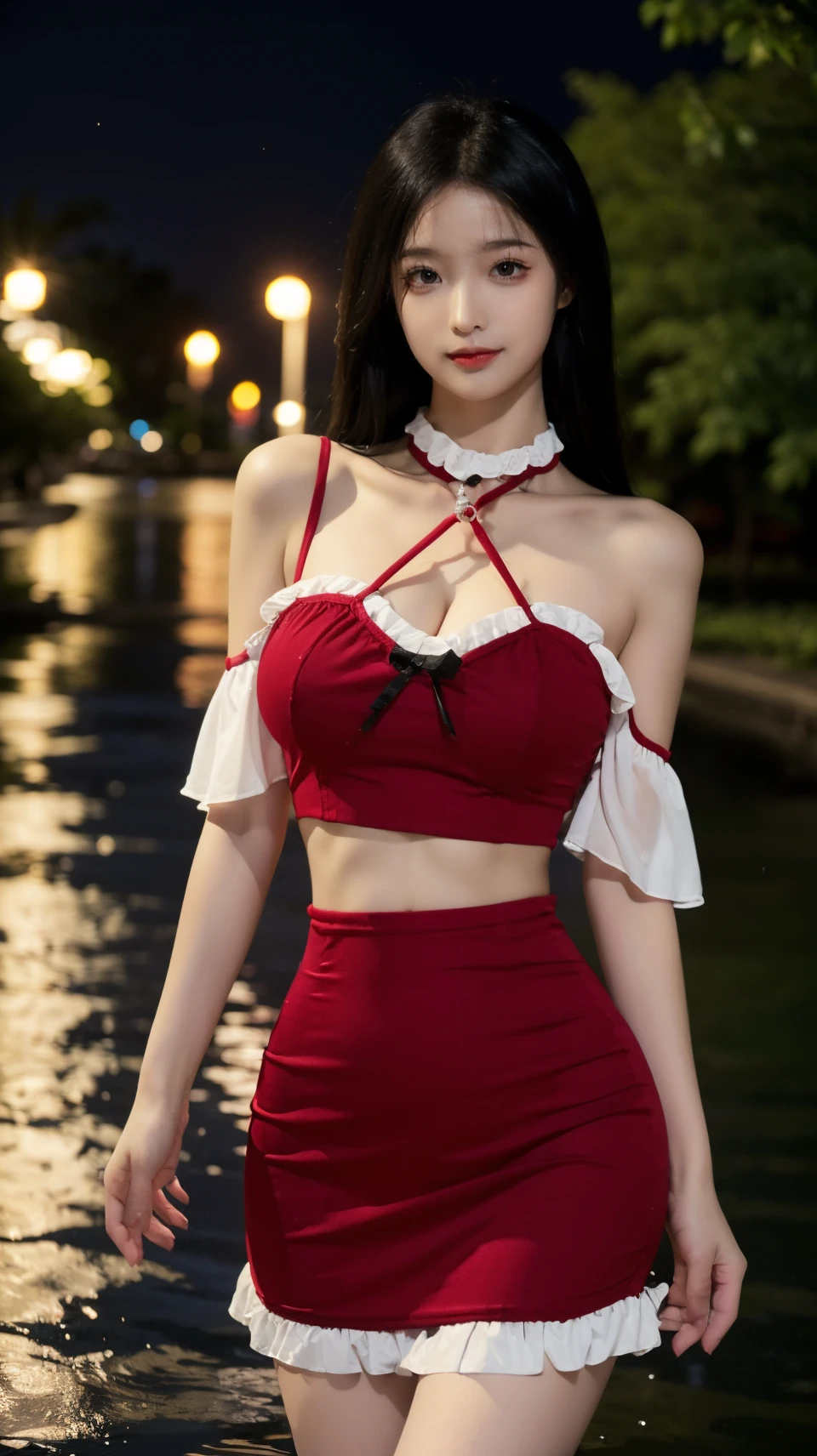 best quality,HDR,UHD,8K,Vivid Colors,solo,front mirror,photo_,(medium),cute & girly,(1girl:1.3),(standing:1.3),wet,outdoors,(evening:1.2),(looking at viewer:1.4),rc,dress,midriff,off shoulder,Elegant,Angelic,detailed gorgeous face,<lora:rc46:0.75>, rc,