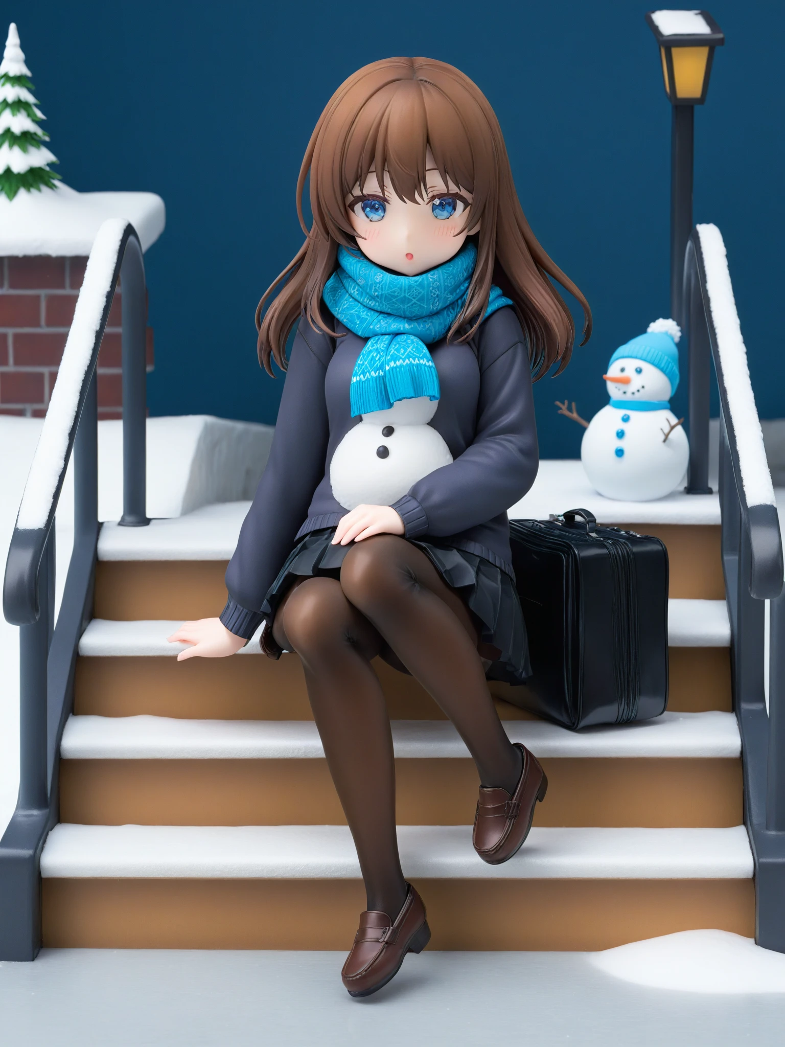 pvc,1girl, solo, pantyhose, long hair, snowman, blue eyes, skirt, snow, sitting, loafers, brown hair, black pantyhose, shoes, ground vehicle, black footwear, long sleeves, stairs, outdoors, scarf, black skirt, pleated skirt, closed mouth, blush, sweater, bangs, bicycle, snowing, head rest, full body, bag, sitting on stairs, grey sweater, winter, school uniform, best quality, ultra high res,photorealistic