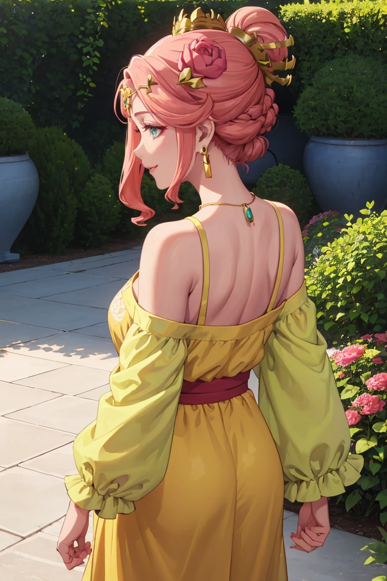 masterpiece, best quality, absurdres, Gyokuyou, aqua eyes, earrings, hair ornament, hair flower, necklace, makeup, from behind, (yellow sundress), garden, day, sunshine, smile, looking back, <lora:Gyokuyou:0.8>