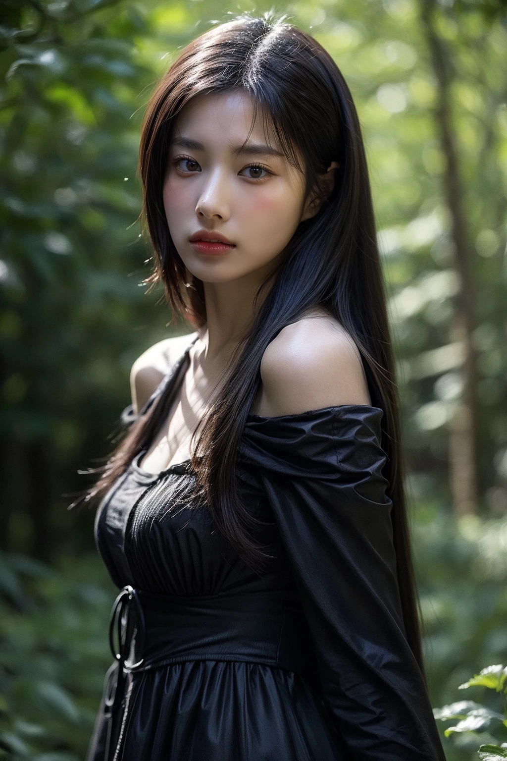 kanghyewon,1girl,((realistic)), ((hyperrealism)),((best quality)), (((masterpiece))),((ultra high res)),((ultradetailed)), (photorealistic:1.4), idol,  (looking at viewer:2), <lora:add_detail:0.6>,detailed face,detailed eyes,
<lora:Kanghyewon_v1.1:1>  ,
wide shot, panorama, facing viewer, 
(outdoors), parted lips, black hair, light, bright, grassland, sunshine, bare_shoulder,gothic chiffon dress, backlighting, gothic architecture, forest, lens flare,chromatic aberration, long hair, relaxing pose, cowboy shot,