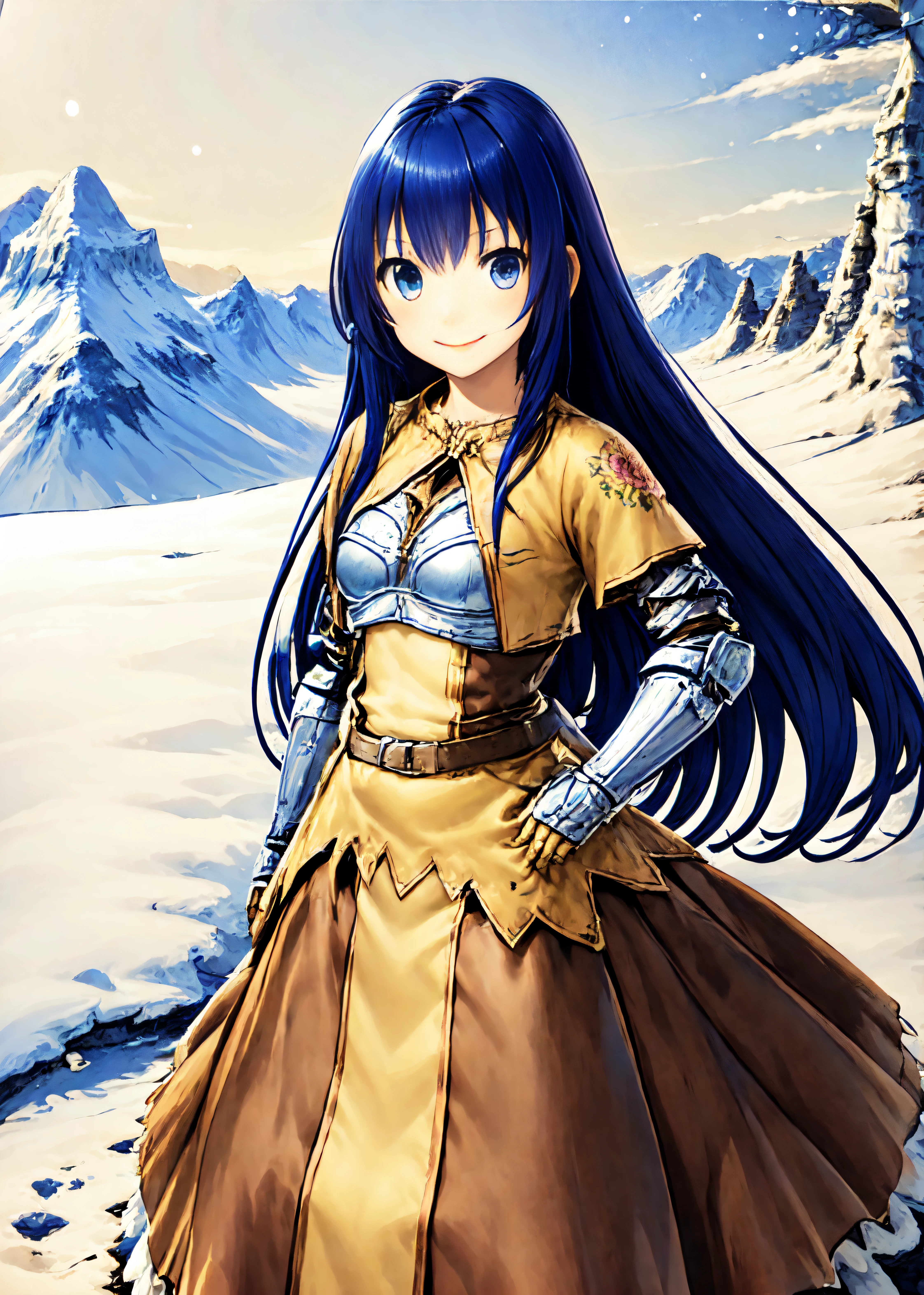 swdro, armor, yellow skirt, brown dress, flora print, rose print, armored dress, boots,
looking at viewer, 1girl,
long hair, blue eyes, blue hair,
standing, hand on hip, upper body, smile
moutain, tundra, sun, lakeside, snow,
<lora:swordsmanRO_V2.18:0.74>,