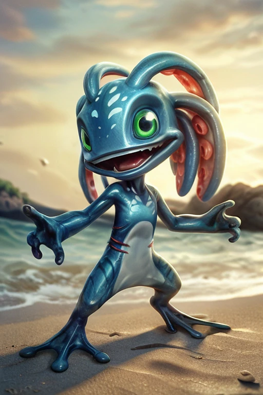(((masterpiece, best quality))), digital painting, 8k, stunningly beautiful, highly detailed, depth of field, complex background, BREAK fizz_lol, solo, full body, tentacle_hair, open mouth, gills, webbed feet, webbed fingers, BREAK smooth skin, standing, beach, sunset <lora:Fizzv5-step00004500:0.8> <lora:more_details:0.5>