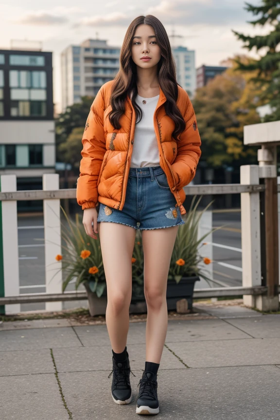 1woman, long hair, realistic, masterpiece, high detailed skin, looking at viewer, outdoor view, solo, full body shot
<lora:Floral_Jacket_Shorts_By_Stable_Yogi:0.7> orange floral print, oversized puffer jacket, denim shorts